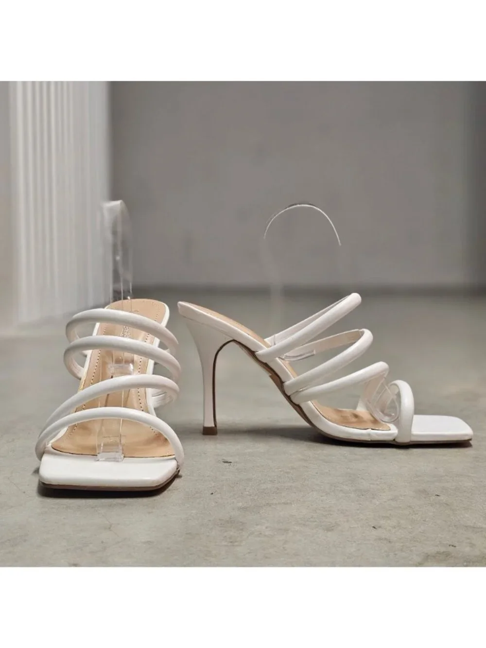 Strappy White High Heel Sandals With Square Toe  Strap  Elegant Style For Women